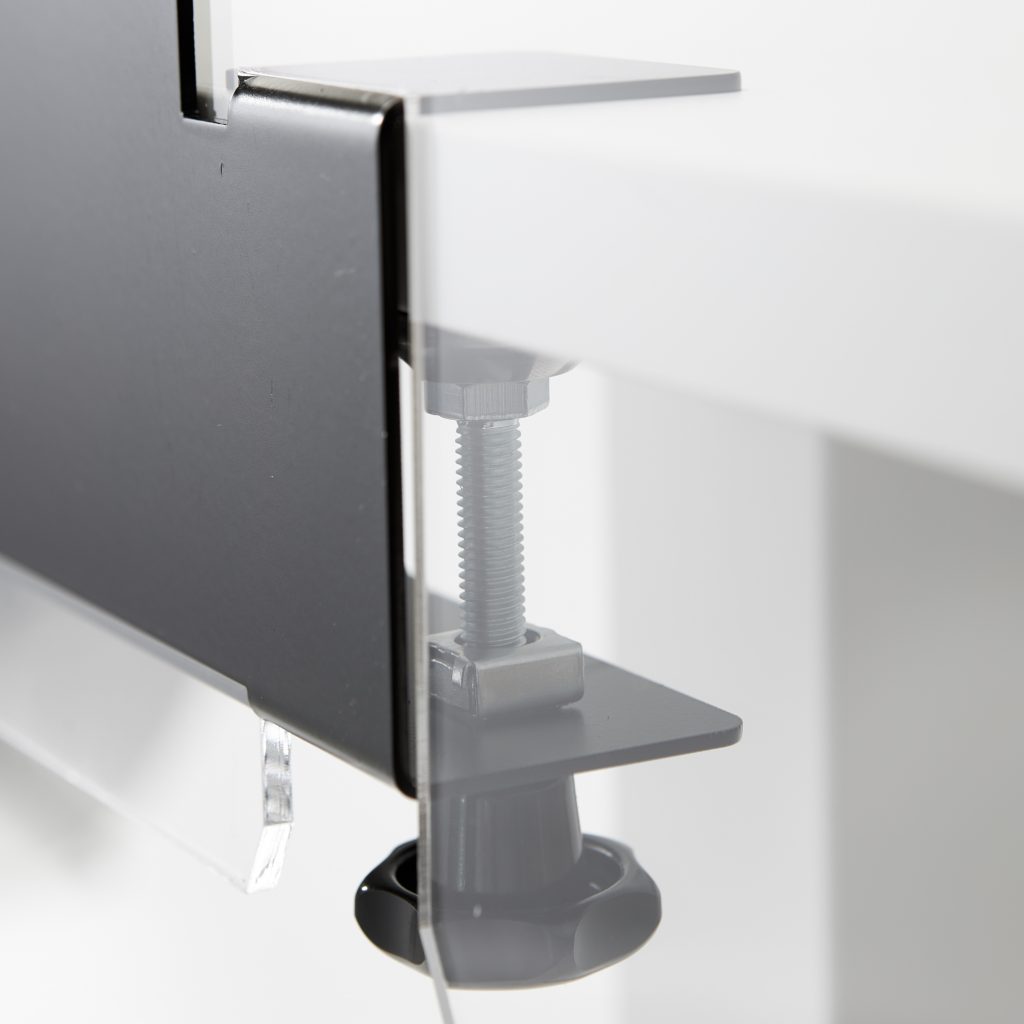 Steel bracket with clamping system for acrylic sheet